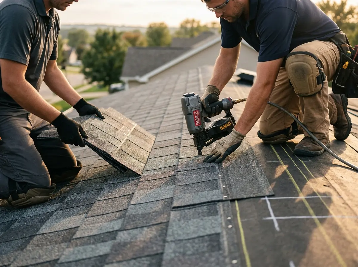 Professional roofer working on a residential roof in Keansburg